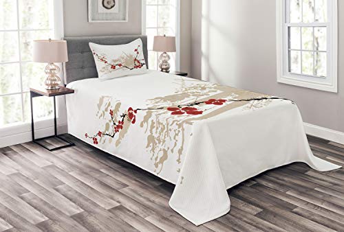 ABAKUHAUS Grunge Tagesdecke Set, Japan Sakura Blumen, Set mit Kissenbezügen Waschbar, für Einzelbetten 170 x 220 cm, Beige Weiß von ABAKUHAUS