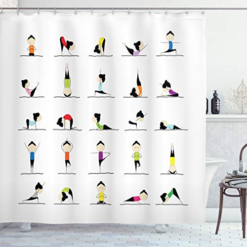 ABAKUHAUS Gymnastik Duschvorhang, Frau Macht Yoga, Stoffliches Gewebe Badezimmerdekorationsset mit Haken, 175 x 220 cm, Mehrfarbig von ABAKUHAUS