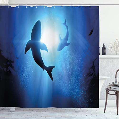 ABAKUHAUS Hai Duschvorhang, Fische Umkreisen in Ocean, Stoffliches Gewebe Badezimmerdekorationsset mit Haken, 175 x 180 cm, Königsblau von ABAKUHAUS