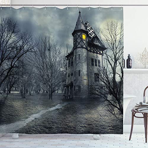 ABAKUHAUS Halloween Duschvorhang, Gothic Geisterhaus, Stoffliches Gewebe Badezimmerdekorationsset mit Haken, 175 x 220 cm, Teal von ABAKUHAUS