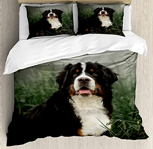 ABAKUHAUS Hund Bettbezugs Set für Einzelbetten, Berner Sennen Zucht sitzen, Milbensicher Allergiker geeignet mit Kissenbezug, 130 x 200 cm, Schwarz Grün von ABAKUHAUS