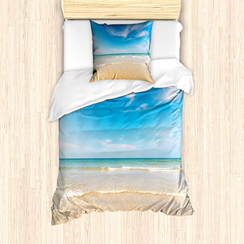 ABAKUHAUS Hawaii Bettbezug Set für Einzelbetten, Tropic Himmel Meer Landschaft, Milbensicher Allergiker geeignet mit Kissenbezug, Creme Blau von ABAKUHAUS