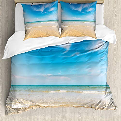 ABAKUHAUS Hawaii Bettbezugs Set Für Doppelbetten, Tropic Himmel Meer Landschaft, Milbensicher Allergiker geeignet mit Kissenbezügen, Creme Blau von ABAKUHAUS