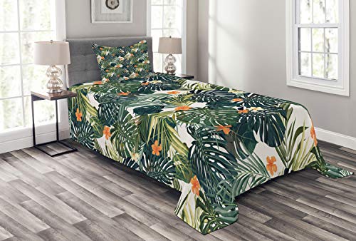 ABAKUHAUS Hawaii Tagesdecke Set, Bunte Polynesien Pflanze, Set mit Kissenbezug Romantischer Stil, für Einzelbetten 170 x 220 cm, Fern Green Jade Grün Orange von ABAKUHAUS