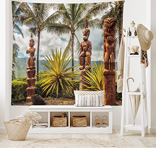 ABAKUHAUS Hawaii Wandteppich, Tiki und Palmen, Wohnzimmer Schlafzimmer Heim Seidiges Satin Wandteppich, 200 x 150 cm, Braun Grün von ABAKUHAUS