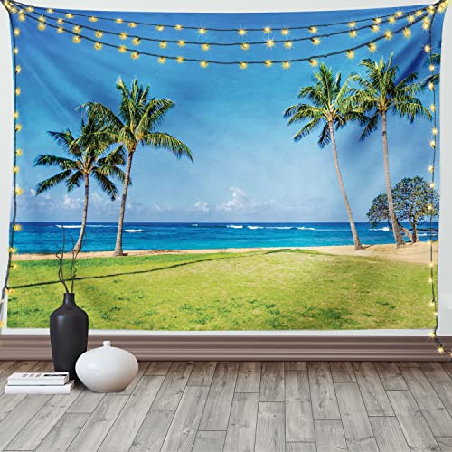 ABAKUHAUS Hawaiianisch Wandteppich und Tagesdecke, Coconut Palm Hawaii, aus Weiches Mikrofaser Stoff Wand Dekoration Für Schlafzimmer, 150 x 110 cm, Blau Grün von ABAKUHAUS