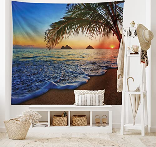 ABAKUHAUS hawaiisch Wandteppich und Tagesdecke, Sonnenaufgang Lanikai Beach aus Weiches Mikrofaser Stoff Waschbar ohne Verblassen Digitaldruck, 230 x 140 cm, Braun Blau von ABAKUHAUS