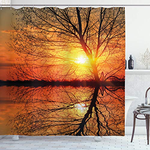 ABAKUHAUS Herbst Duschvorhang, Blick auf den Sonnenuntergang mit Bäumen, Stoffliches Gewebe Badezimmerdekorationsset mit Haken, 175 x 180 cm, Orange Schwarz von ABAKUHAUS