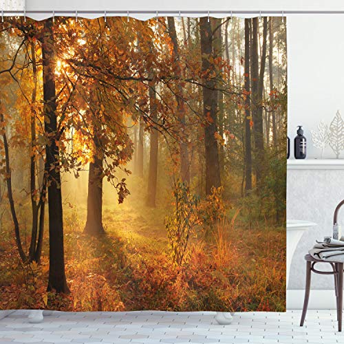 ABAKUHAUS Herbst Duschvorhang, Misty Herbstwald, Stoffliches Gewebe Badezimmerdekorationsset mit Haken, 175 x 180 cm, Orange Braun Grün von ABAKUHAUS