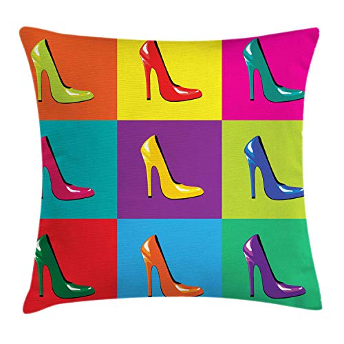 ABAKUHAUS High Heels Kissenbezug, Bunte Schuhe Pop-Art, aus Farbfesten Waschbaren Stoff Beidseitiger Druck mit robusten Reißverschluß, 45 x 45 cm, Gelb Grün Blau von ABAKUHAUS