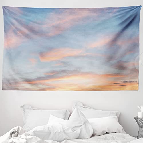 ABAKUHAUS Himmel Wandteppich und Tagesdecke, Wolken Sonnenuntergang aus Weiches Mikrofaser Stoff Waschbar ohne Verblassen Digitaldruck, 230 x 140 cm, Blassblau Gelb Pfirsich von ABAKUHAUS