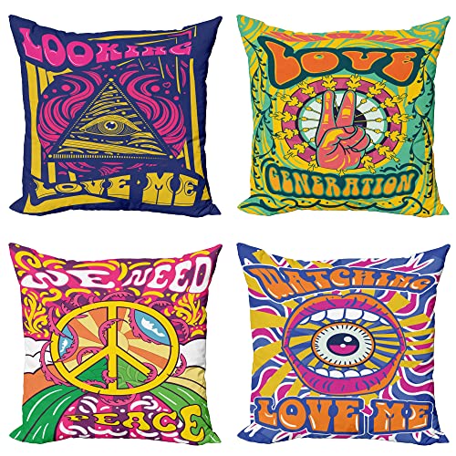 ABAKUHAUS Hippie Dekokissen Kissenbezug 4er Pack, Buntes Psychedelisches Lustiges Modern Accent Doppelseitiger Digitaldruck, 40 cm x 40 cm, Magenta Gelb und Indigo von ABAKUHAUS