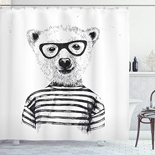ABAKUHAUS Hipster Duschvorhang, Bär in Gläser Fun, Stoffliches Gewebe Badezimmerdekorationsset mit Haken, 175 x 220 cm, Weiß Schwarz von ABAKUHAUS