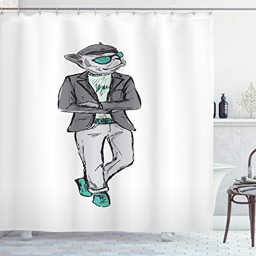 ABAKUHAUS Hipster Duschvorhang, Moderne Bohemian Bulldog Art, Stoffliches Gewebe Badezimmerdekorationsset mit Haken, 175 x 180 cm, Grau Mint Green von ABAKUHAUS