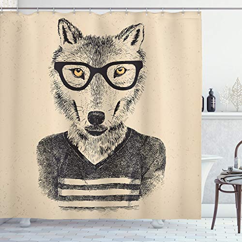 ABAKUHAUS Hipster Duschvorhang, Hand gezeichnete Wolf und Gläser, Stoffliches Gewebe Badezimmerdekorationsset mit Haken, 175 x 180 cm, Beige Koksgraue von ABAKUHAUS