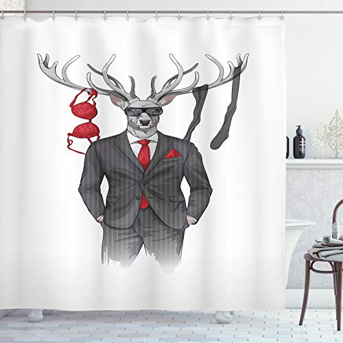 ABAKUHAUS Hipster Duschvorhang, Womanizer Deer in Anzug Kunst, Stoffliches Gewebe Badezimmerdekorationsset mit Haken, 175 x 220 cm, Grau Pale Taupe von ABAKUHAUS