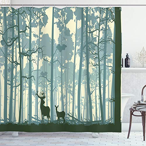 ABAKUHAUS Hirsch Duschvorhang, Tiere in nebligen Wald, Stoffliches Gewebe Badezimmerdekorationsset mit Haken, 175 x 240 cm, Schwarz Weiß Grau von ABAKUHAUS