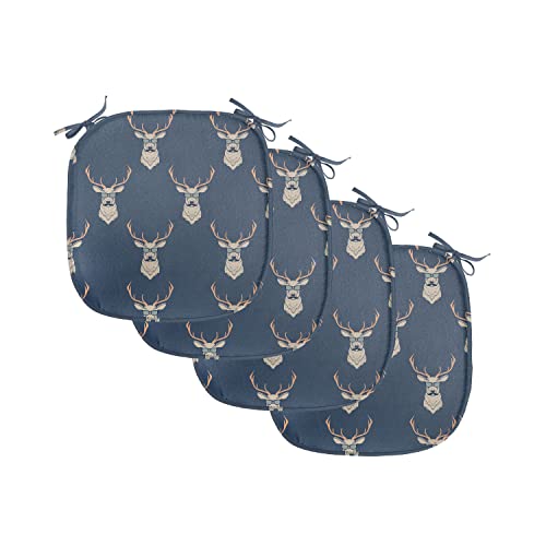 ABAKUHAUS Hirsch Polster für Esszimmerstühle, Retro Hipster Tiere, Dekoratives wasserfestes Kissen mit Riemen für Küchensitze, 40 cm x 40 cm-4er Pack, Schiefer-Blau Tan von ABAKUHAUS