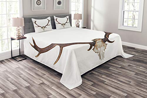 ABAKUHAUS Hirsch Tagesdecke Set, Antlers Skeleton Hunter, Set mit Kissenbezügen Waschbar, für Doppelbetten 220 x 220 cm, Beige Braun von ABAKUHAUS