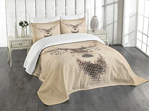 ABAKUHAUS Hirsch Tagesdecke Set, Deer Portrait mit Punkten, Set mit Kissenbezügen Kein verblassen, für Doppelbetten 220 x 220 cm, Braun Creme von ABAKUHAUS