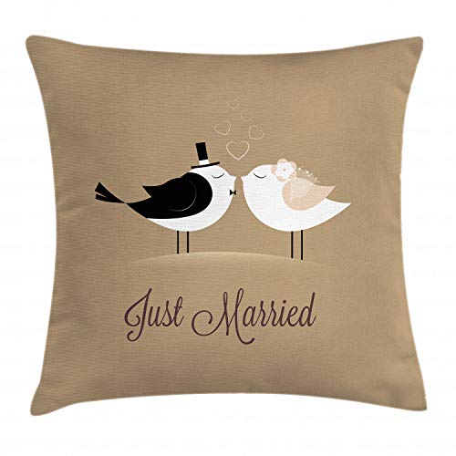 ABAKUHAUS Hochzeit Kissenbezug, Just Married Vögel Kuss, Seitenschläferkissenhülle ohne Kissen mit Reißverschluss und Beitseitigem Druck Waschbar, 60 x 60 cm, Braun Weiß von ABAKUHAUS