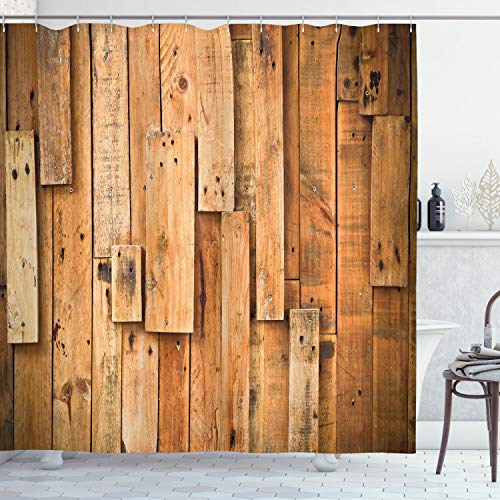 ABAKUHAUS Holz Duschvorhang, Lodge Wall Planks Drucken, Stoffliches Gewebe Badezimmerdekorationsset mit Haken, 175 x 180 cm, Orange von ABAKUHAUS
