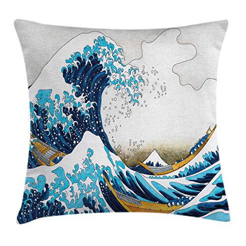 ABAKUHAUS Hokusai Kissenbezug, Oceanic Welle von Kanagawa, Wasser und Schmutz resistent Stoff Digital Druck Für den Innen oder Außen Bereich, 60 x 60 cm, Aqua Weiß von ABAKUHAUS