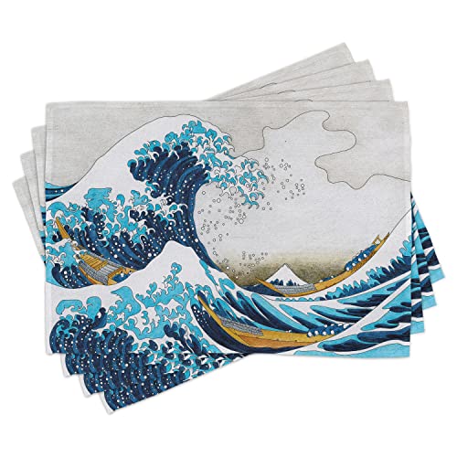 ABAKUHAUS Hokusai Platzmatten, Die große Welle von Kanagawa Folkloric Zusammensetzung der Ostländer Mythology Theme, Waschbare Stoff Esszimmer Küche Tischdekorations Digitaldruck, Aqua Senf von ABAKUHAUS