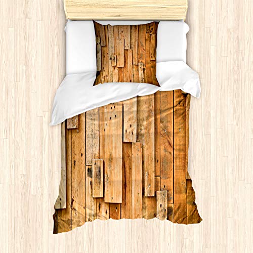 ABAKUHAUS Holz Bettbezug Set für Einzelbetten, Lodge Wall Planks Drucken, Milbensicher Allergiker geeignet mit Kissenbezug, Braun von ABAKUHAUS