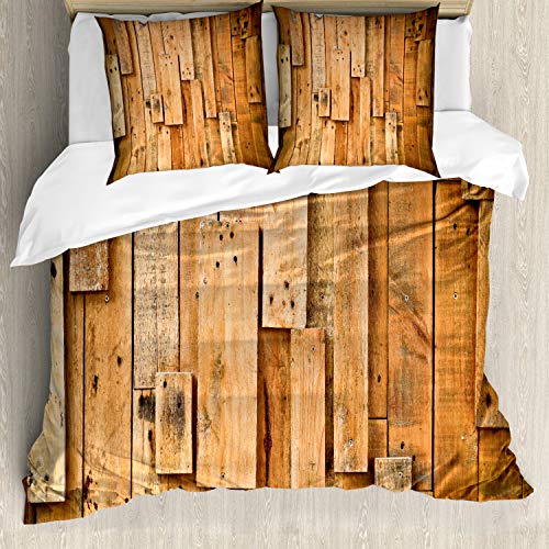 ABAKUHAUS Holz Bettbezugs Set Für Doppelbetten, Lodge Wall Planks Drucken, Milbensicher Allergiker geeignet mit Kissenbezügen, Braun von ABAKUHAUS