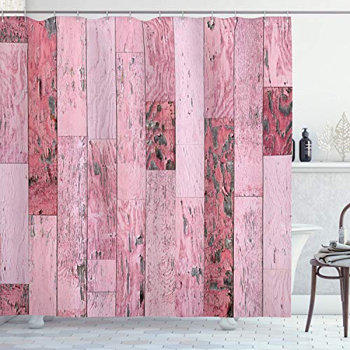 ABAKUHAUS Holz Duschvorhang, Rosa tonte Rustikal Planks, Stoffliches Gewebe Badezimmerdekorationsset mit Haken, 175 x 200 cm, Rosa Baby Pink Grau von ABAKUHAUS