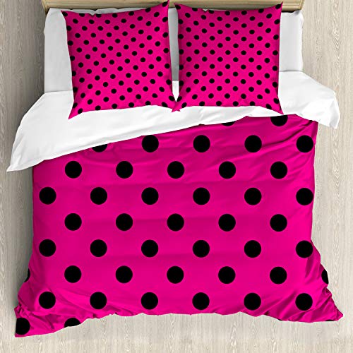 ABAKUHAUS Hot Pink Bettbezug Set, Pop-Art inspiriert Dots, Milbensicher Allergiker geeignet mit Kissenbezügen, 155 cm x 200 cm - 80 x 80 cm, Hot Pink Schwarz von ABAKUHAUS