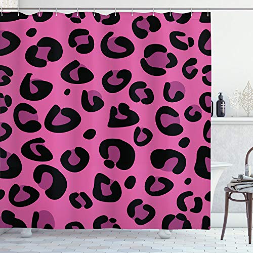 ABAKUHAUS Hot Pink Duschvorhang, Leopard Tierhaut, Stoffliches Gewebe Badezimmerdekorationsset mit Haken, 175 x 200 cm, Schwarz Pink von ABAKUHAUS