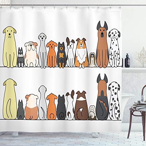 ABAKUHAUS Hund Duschvorhang, Hundefamilie in Einer Reihe, Stoffliches Gewebe Badezimmerdekorationsset mit Haken, 175 x 180 cm, Gelb Braun von ABAKUHAUS