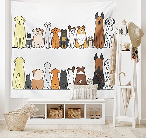 ABAKUHAUS Hund Wandteppich und Tagesdecke, Dog Family in a Row, aus Weiches Mikrofaser Stoff Wand Dekoration Für Schlafzimmer, 230 x 140 cm, Gelb Braun von ABAKUHAUS