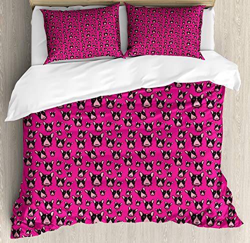 ABAKUHAUS Hunde Bettbezug Set Doppelbett, Bullterrier-Hundeköpfe auf Rosa, Top Qualität Weich und Warm 3 Teiligen Bettbezug mit 2 Kissenbezüge, Schwarz Pink von ABAKUHAUS