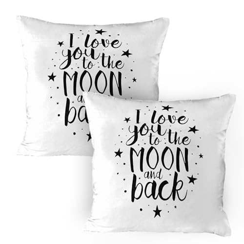 ABAKUHAUS Ich Liebe Dich Kissenbezug Packung mit 2, Romantisch Ich Liebe Dich zum Mond und zurück Motiv Lifestyle Zitat Print, Dekorativer Standard Gedruckter Kissenbezug, 80 x 80 cm, Weiß Schwarz von ABAKUHAUS