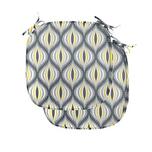 ABAKUHAUS Ikat Polster für Esszimmerstühle, Ogee Formen Jahrgang Pale, Dekoratives wasserfestes Kissen mit Riemen für Küchensitze, 40 cm x 40 cm-2er Pack, Grau, Gelb, Weiß von ABAKUHAUS