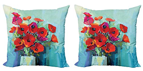 ABAKUHAUS Impressionist Kissenbezug Set (2Stück), Mohnblumen in Vase, doppelseitiges Digitaldruckdekor mit Reißverschluss, 50 cm, Mehrfarbig von ABAKUHAUS