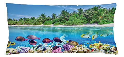 ABAKUHAUS Insel Kissenbezug, Wasserwelt Malediven, Waschbar mit Reißverschluss Kissenhülle mit Farbfesten Klaren Farben Beidseitiger Druck, 90 x 40 cm, Blau und Grün von ABAKUHAUS