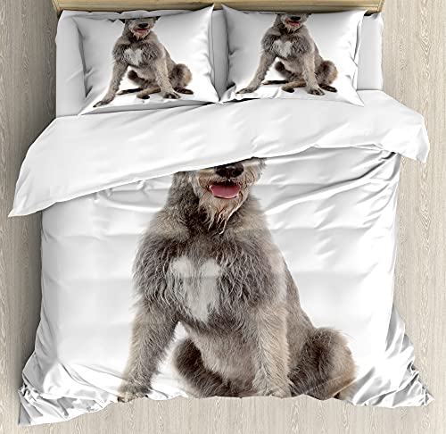ABAKUHAUS Irischer Wolfshund Bettbezug Set für Einzelbetten, Tier-Haustier-Druck, Milbensicher Allergiker geeignet mit Kissenbezug, 130 x 200 cm - 70 x 50 cm, Weiß und Warm Taupe von ABAKUHAUS