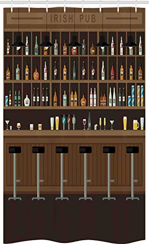 ABAKUHAUS Irish Pub Schmaler Duschvorhang, Barhocker und Flaschen, Badezimmer Deko Set aus Stoff mit Haken, 120 x 180 cm, Dunkelbraun von ABAKUHAUS