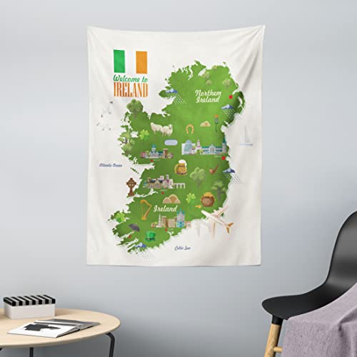 ABAKUHAUS Irland Karte Wandteppich, Grafik Kulturgüter, aus Weiches Mikrofaser Stoff Für das Wohn und Schlafzimmer, 110 x 150 cm, Off White Olivgrün von ABAKUHAUS