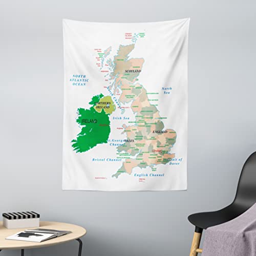 ABAKUHAUS Irland Karte Wandteppich, Ländernamen und Meere, aus Weiches Mikrofaser Stoff Für das Wohn und Schlafzimmer, 110 x 150 cm, weiß Multicolor von ABAKUHAUS