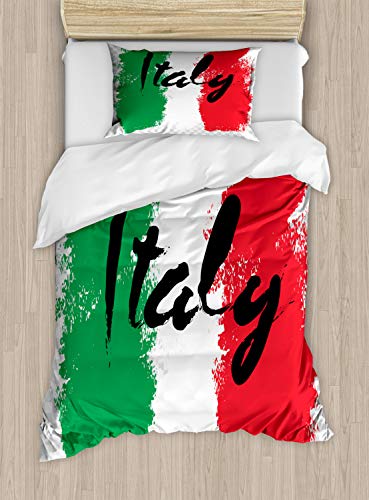 ABAKUHAUS Italien Bettbezugs Set für Einzelbetten, Italienische Flagge Bunte Grunge, Milbensicher Allergiker geeignet mit Kissenbezug, 130 x 200 cm, Rot Grün von ABAKUHAUS