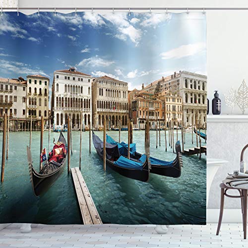 ABAKUHAUS Italien Duschvorhang, Gondeln Lagune von Venedig, Stoffliches Gewebe Badezimmerdekorationsset mit Haken, 175 x 220 cm, Grün Blau Weiß von ABAKUHAUS