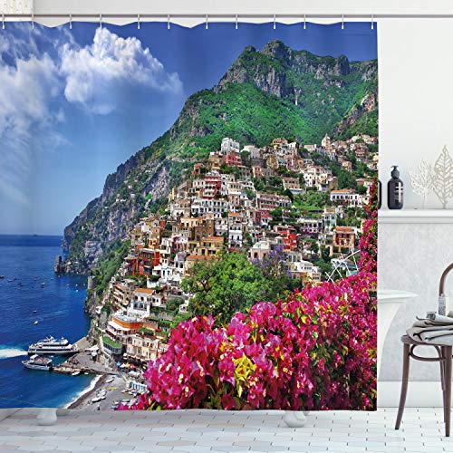 ABAKUHAUS Italien Duschvorhang, Positano Amalfi Neapel, Stoffliches Gewebe Badezimmerdekorationsset mit Haken, 175 x 200 cm, Grün Blau Rosa von ABAKUHAUS