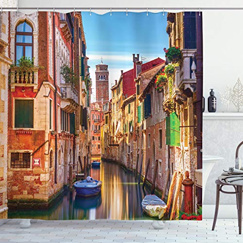 ABAKUHAUS Italien Duschvorhang, Venedig-Kanal Stadtbild, Stoffliches Gewebe Badezimmerdekorationsset mit Haken, 175 x 220 cm, Mehrfarbig von ABAKUHAUS