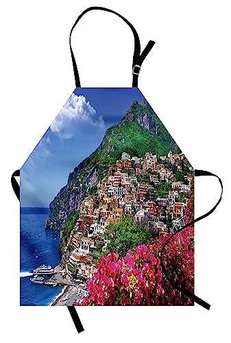 ABAKUHAUS Italien Kochschürze, Szenische Ansicht von Positano Amalfi Neapel Blühendes Blumen-Küstendorf-Bild, Farbfest Höhenverstellbar Waschbar Klarer Digitaldruck, Grün Rosa Blau von ABAKUHAUS