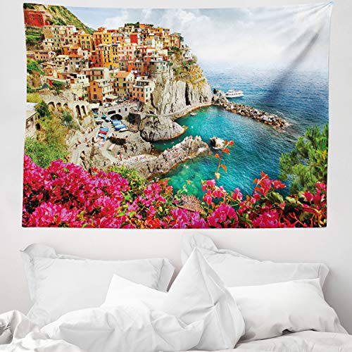 ABAKUHAUS Italien Wandteppich und Tagesdecke, Cinque Terre Strandküste, aus Weiches Mikrofaser Stoff Kein Verblassen Klare Farben Waschbar, 150 x 110 cm, Mehrfarbig von ABAKUHAUS